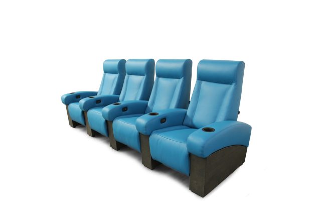 Fortuny Theater seat by Cineak for luxury home cinema in ocean blue and black oak veneer